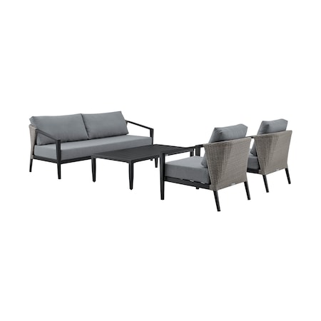 Armen Living Aileen Outdoor Patio 4-Piece Lounge Set in Aluminum and Wicker with Gray Cushions 840254333239